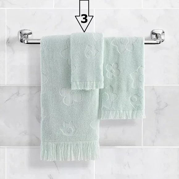 3 Wild Sage Florence Embossed Flowers Cotton Washcloths in MINT GREEN w/ Fringe - Picture 2 of 4